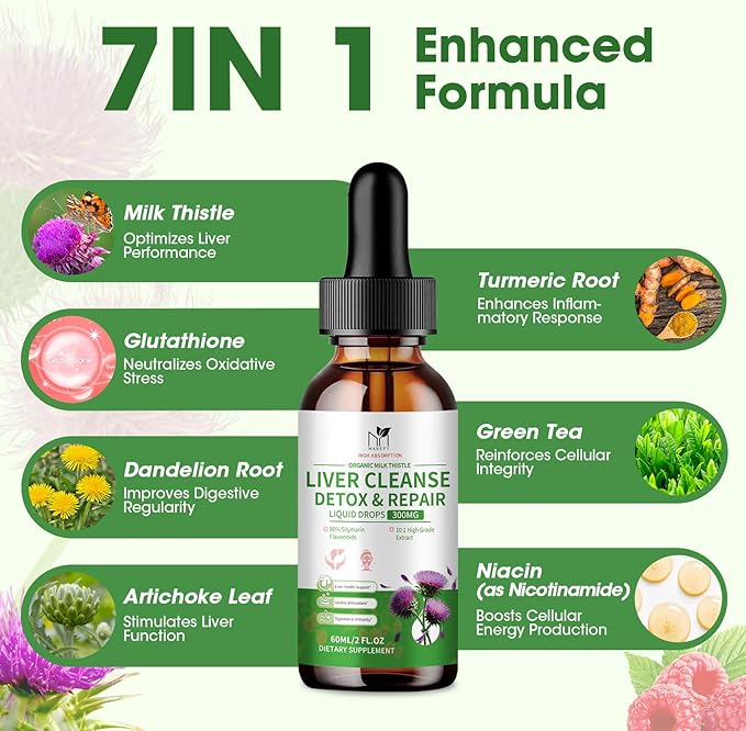 Milk Thistle Liquid Drops, Liver Cleanse Detox & Repair with 80% Silymarin, Artichoke Leaf, Dandelion Root, Glutathione, Promotes Liver Health, Antioxidant Support, 4 Fl Oz