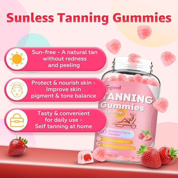 2 Pack Tanning Gummies - Sugar Free Daily Tanning Gummies for Woman & Men, Self Tanning Melanin Supplements with Lycopene & Astaxanthin for Skin Health, Strawberries Flavor, 120 Count