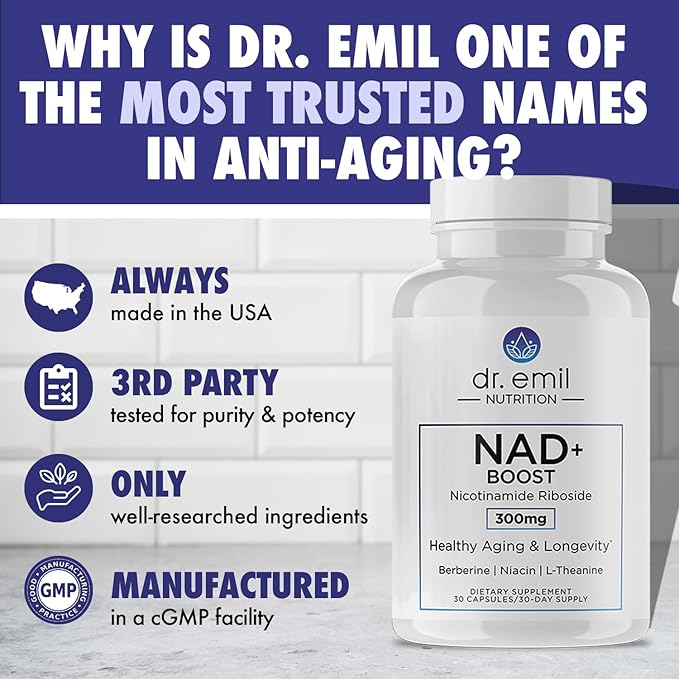 DR. EMIL NUTRITION NAD+ Boost - Nicotinamide Riboside Supplement for Longevity, Healthy Aging & Cellular Regeneration - NAD Supplement with with Berberine, L-Theanine & Niacin - 30-Day Supply