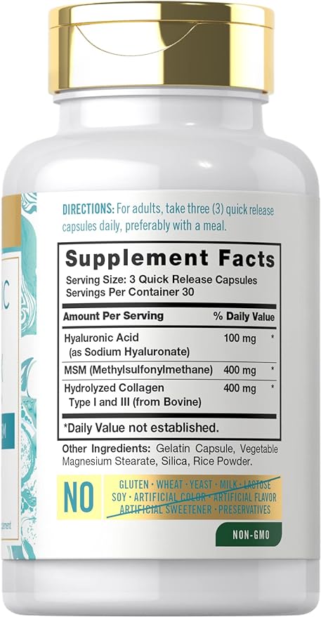 Carlyle Hyaluronic Acid Complex 900 mg | with Collagen and MSM | 90 Capsules | Non-GMO, Gluten Free Supplement