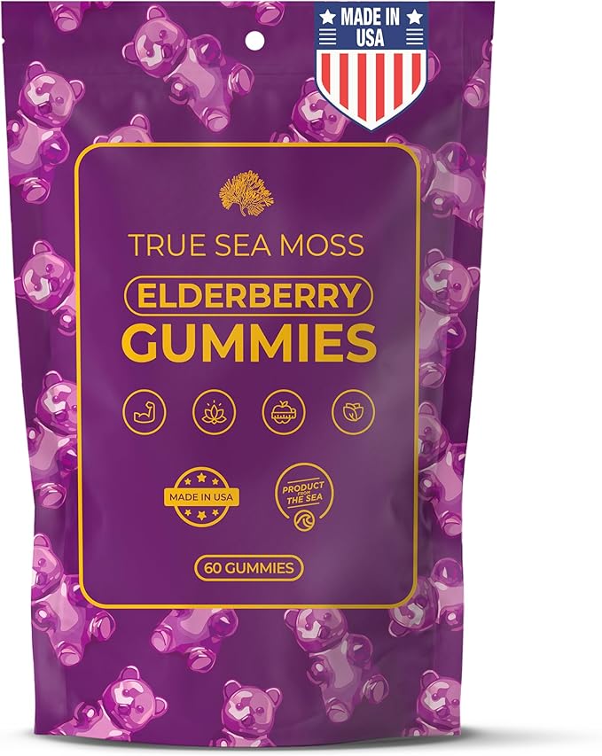 Sea Moss Elderberry Gummies for Adults & Kids - Magnesium, Burdock Root & Bladderwrack – Supports Immune, Boost Energy, Skin & Hair Health, Detox – Made in USA - 60 Vegan Gummies