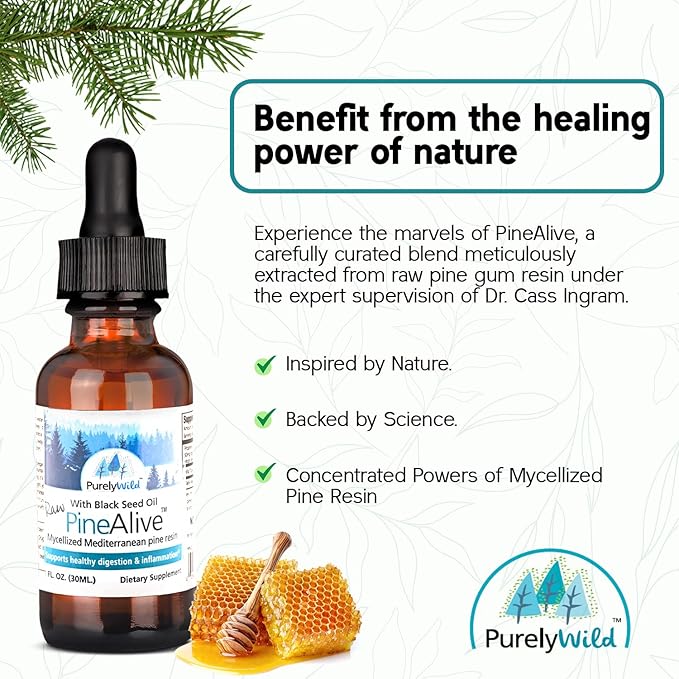 PURELY WILD PineAlive - Raw Pine Resin & Black Seed Oil Complex | Natural Energy & Vitality Support | Wild-Harvested Forest Extract | Dr. Cass Ingram's Original Formula | 1 fl oz with Dropper