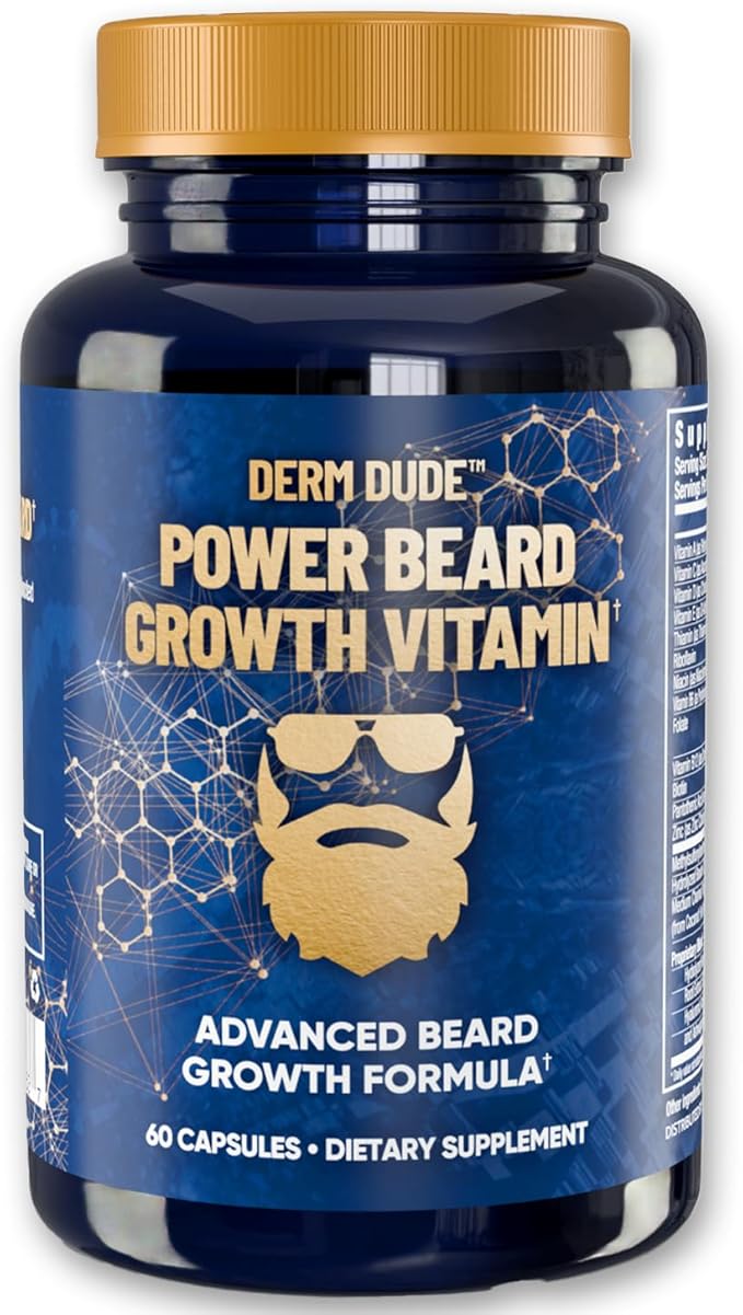Derm Dude Power Beard Growth Vitamins for Men | With Biotin 10K MCG, Zinc B12 Saw Palmetto & Keratin for Healthier Thicker Fuller & Stronger Facial Hair | Restore Hair Breakage & Thinning, 60 Capsules