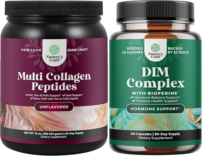 Natures Craft Bundle of Multi Collagen Protein Powder for Women and Men - Hair Skin and Nails Vitamins and DIM Complex Men and Womens Hormone Balance Supplement