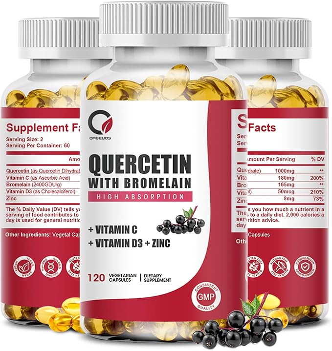 Quercetin 1000mg with Bromelain, Vitamin C & D3, Zinc, Bromelain Quercetin Supplements for Men & Women, Non-GMO & Gluten Free, 120 Capsules