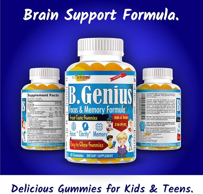 B.Genius Brain Booster Supplement & Memory Support Vitamins for Kids & Teens, Support Brain Focus, Memory, Learning, Accuracy with Omega 3, EPA/DHA Tasty 60 Chewable Gummies