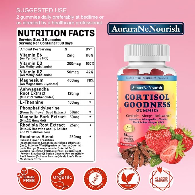 2 Packs Cortisol Supplement Gummies, 17-in-1 Cortisol Detox w. Magnesium Glycinate 400mg Ashwagandha, L-Theanine, Phosphatidylserine, Hormone Balanced for Women, Mood Focus, Sleep Support