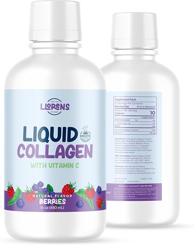 Liquid Collagen for Woman Daily 2.5g with Vitamin C, Natural Berries Flavors, 16 Fl Oz, Helps Support Healthy Bones, Joints, Skin & Teeth with Vitamin C by Llorens Wellness