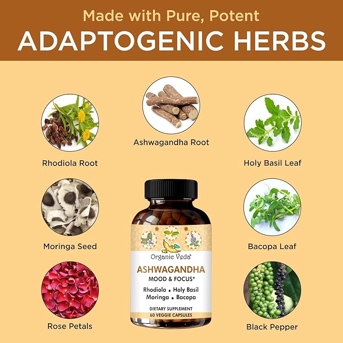 Organic Veda Ashwagandha Mood Support Supplement 1200mg, with Organic Ashwagandha Root, Bacopa, Rhodiola Rosea, Holy Basil, Moringa, Focus & Energy Support - 60 Vegan Capsules