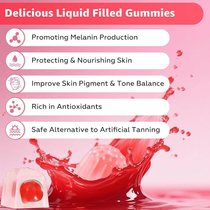 Tanning Gummies - Sugar Free Daily Tanning Gummies for Woman & Men, Self Tanning Melanin Supplements with Lycopene & Astaxanthin for Skin Health, Strawberries Flavor, 60 Count