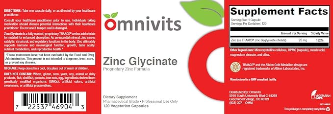 Zinc Glycinate | Zinc Bisglycinate Chelate 20mg | Immune Support, Antioxidant | 120 Vegetarian Capsules | Omnivits