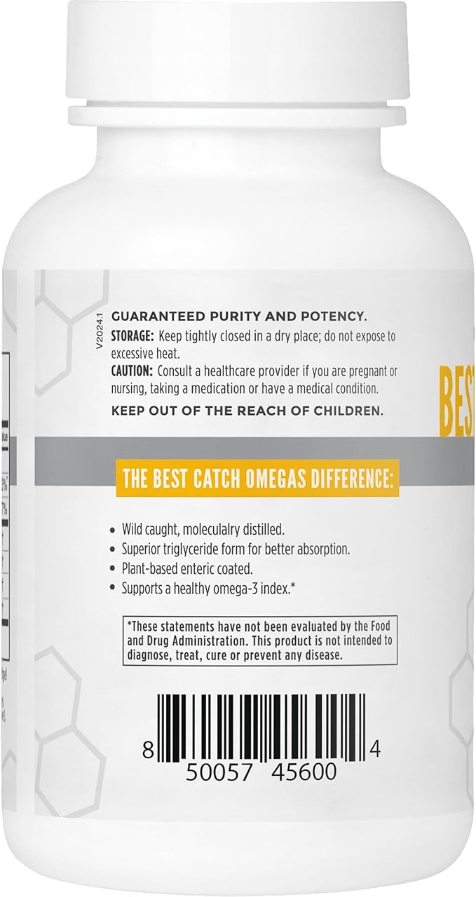 Best Catch Omegas High Potency Omega-3 | EPA + DHA for Heart, Brain Support | Best Absorption | Sustainably Sourced | Burpless Formula | Natural Lemon Scent | 120 Softgel Capsules
