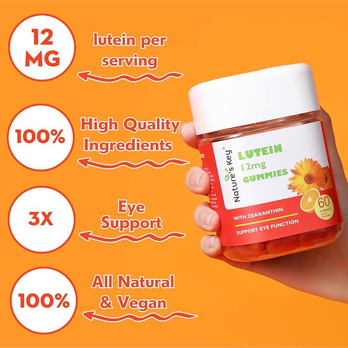 Nature's Key Lutein Gummies 12mg with Zeaxanthin & Vitamin A for Kids and Adults | Eye Health and Brain Function Supplement | Orange Flavor, 60Ct