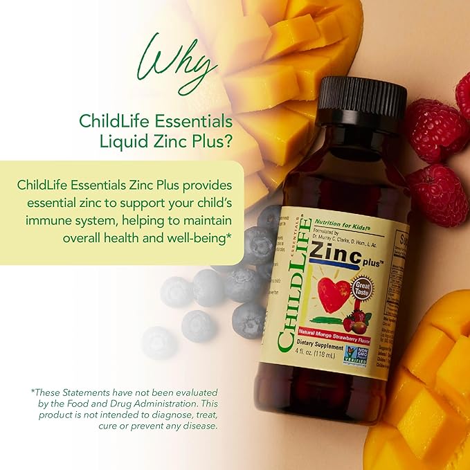 CHILDLIFE ESSENTIALS Liquid Zinc Plus - Zinc for Kids, Zinc Supplements, Zinc Drops, Pure Zinc Liquid, Toddler Zinc, Zinc Gluconate & Copper, Immune Support - Mango Strawberry, 4 Fl Oz (Pack of 3)