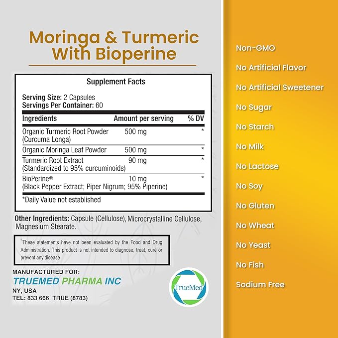 Moringa & Turmeric with BioPerine 10mg 95% Piperine – 1100 MG Joint Support Supplement with 95% Curcuminoids, 120 Vegan Capsules, USA-Made, GMP & UL-Certified