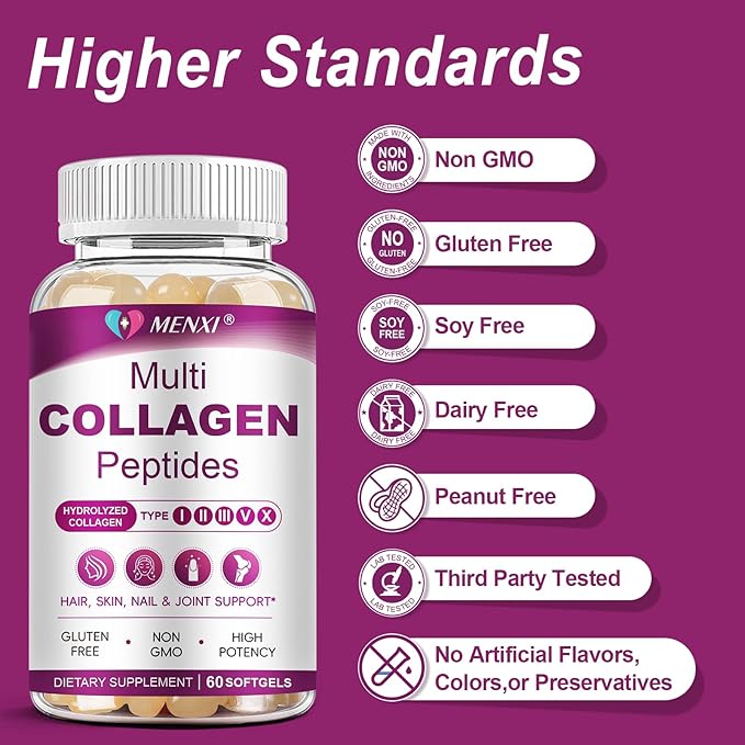 Multi Collagen Peptides Softgel for Women & Men - Type I, II, III, V, X - Hydrolyzed Collagen Peptides with Biotin, Vitamin C & Hyaluronic Acid - Support Skin Hair Nail & Joint - Non GMO, 120 Softgel