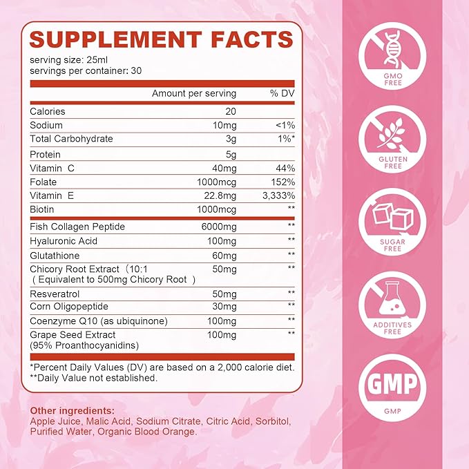 Collagen Peptides Drink, Collagen Peptides Liquid Drink with Coenzyme Q10, Hyaluronic Acid, Biotin & Vitamin C, Vitamin E, Collagen for Women Support Revitalize Skin Elasticity - Apple Flavor