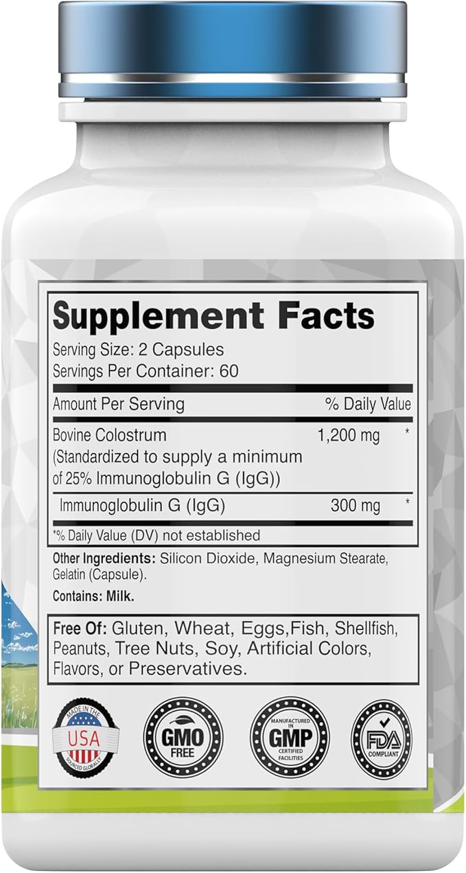 Colostrum Supplement 1,200 mg Per Serving, 120 Capsules | Standardized to 25% IgG (Immunoglobulin G) | Grass-Fed Bovine Colostrum Powder Caps | Immune Support Supplement | Non-GMO, Made in the USA!
