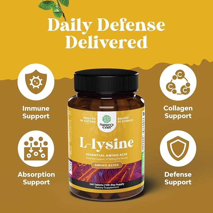 Natures Craft L Lysine 1000mg per Serving Nutritional Supplements - L-lysine Essential Amino Acids for Eye Health Lip Care Bone Support Immune System Muscle Growth and Vegetarian Collagen 240 Tablets