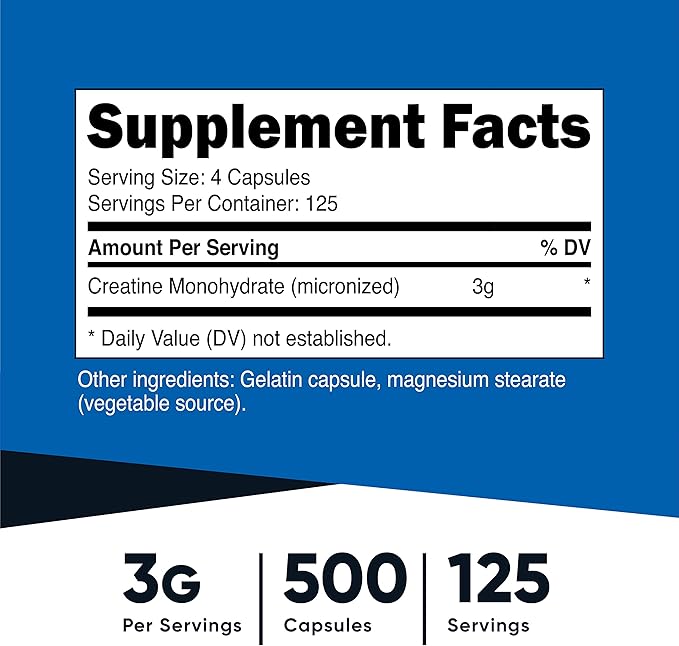 Nutricost Creatine Monohydrate 3000mg (750mg Per Cap), 500 Capsules (3 Bottles)