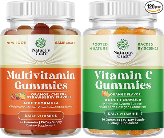 Natures Craft Bundle of Potent Daily Multivitamin Gummies for Adults for Energy and Immunity and Chewable Vitamin C Gummies for Adults Halal Vitamin C Immune Support Gummies