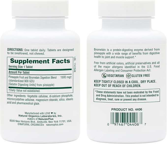 Natures Plus Ultra Bromelain - 60 Tablets - 1500 mg of Pineapple Bromelain - Supports Digestive Health, Joint Support & More - 60 Servings