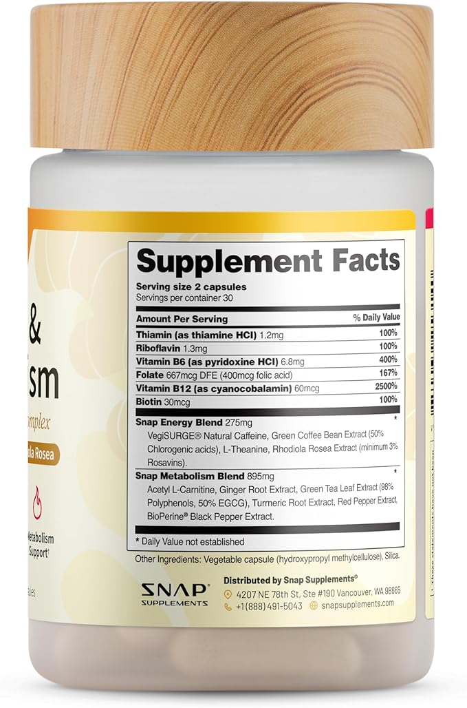 Metabolism and Natural Energy Supplements for Fatigue, Stress Relief, Energy Booster & Better Mood, Energy Pills for Women & Men, Ginger, Turmeric, Rhodiola Rosea, 60 Capsules