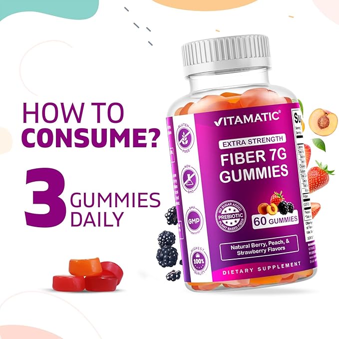 Vitamatic Prebiotic Fiber Gummies for Adults – 2 Pack (Total 120 Gummies) 7g Fiber per Serving | Extra Strength | Zero Sugar Added | Pectin-Based | Digestive Health & Regularity Support