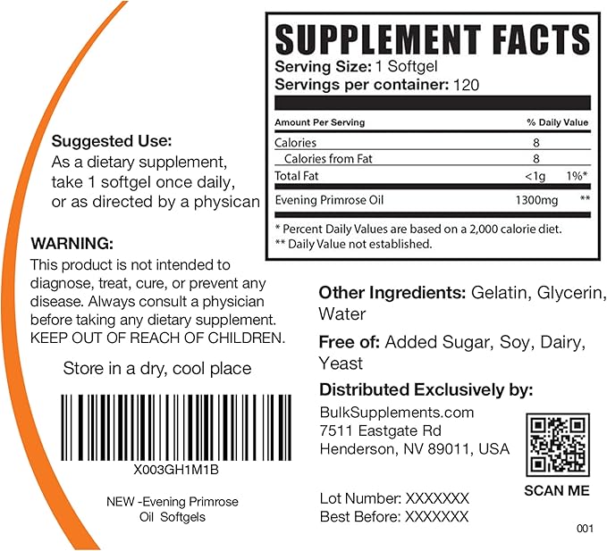 BulkSupplements.com Evening Primrose Oil Softgels - GLA Supplements, Evening Primrose Oil 1300mg - Gluten Free, 1 Softgel per Serving, 120 Count (Pack of 1)