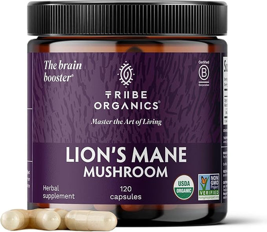 TRIBE ORGANICS Lion’s Mane Supplement 1800mg Mushroom Extract Powder - Immune System Booster & Brain Nootropic for Focus and Memory | Mental Clarity | Natural Energy and Immunity - 120 Vegan Capsules