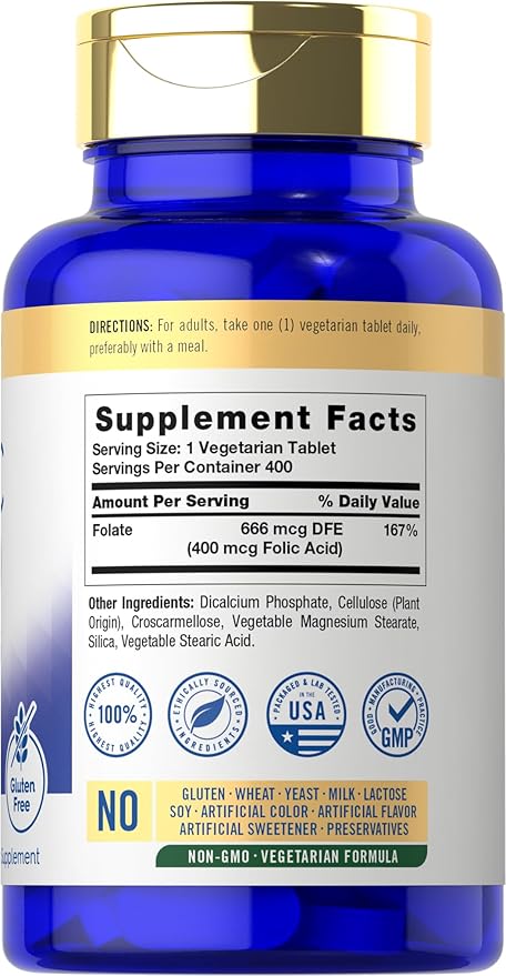 Carlyle Folic Acid 400 mcg | 400 Tablets | Vegetarian, Non-GMO, Gluten Free