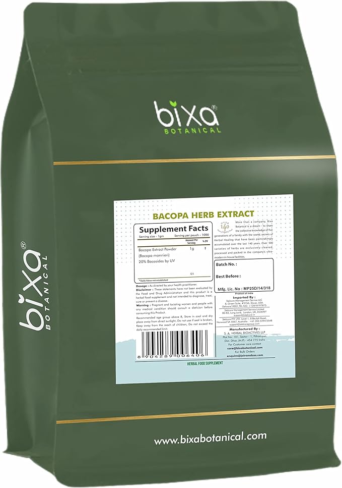 bixa BOTANICAL Ayurvedic Natural Herbal Supplement BRAHMI (BACOPA MONNIERI) Dry Extract Pure Authentic Premium Quality- 20% BACOSIDES by UV | 1 KG 1Pack