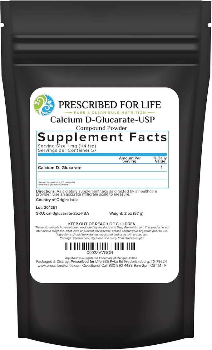 Prescribed for Life Calcium D Glucarate Powder, Pure CDG Fine Powder, USP Grade, Vegan, Gluten Free, Non GMO (2oz / 56g)