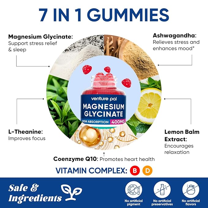 Venture Pal 60 Day Supply Magnesium Glycinate Gummies with Ashwagandha for Adults and Kids, L-Theanine, CoQ10, Sugar Free Magnesium Supplement 400mg for Calm Mood & Sleep, Gluten-Free & Vegan