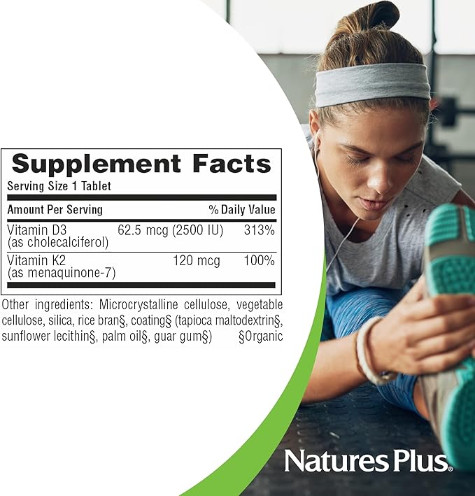 Natures Plus Vitamins D3 & K2-90 Tablets - Promotes Bone Support, Immune Function, Cardiovascular Health & Mood Balance - Vegetarian, Gluten Free - 90 Servings