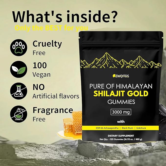 Shilajit Gummies with Ashwagandha & Turmeric - The Ultimate Organic, Vegan-Friendly Health Boost! Zero Sugar, Immunity Support for Men & Women - 120 Count! (Bag Pack)