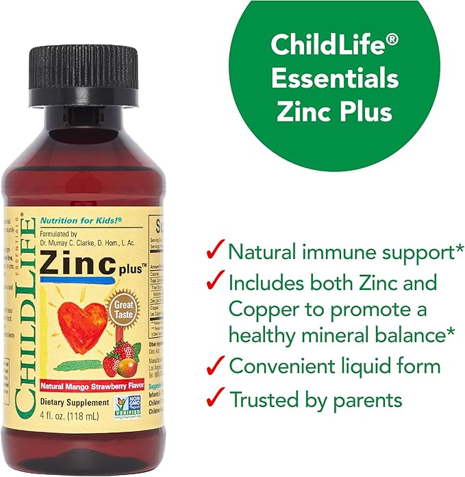 CHILDLIFE ESSENTIALS Liquid Zinc Plus - Zinc for Kids, Zinc Supplements, Zinc Drops, Pure Zinc Liquid, Toddler Zinc, Zinc Gluconate & Copper, Immune Support - Mango Strawberry, 4 Fl Oz (Pack of 3)