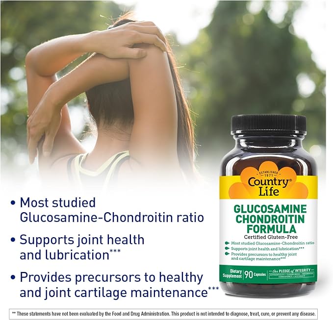 Country Life Glucosamine Chondroitin 1500mg/1200mg - Supports Joint Health & Lubrication - Maintains Healthy Cartilage, Tendon, Joint Tissue - Gluten Free, Non-GMO - 90 Capsules - for Adults