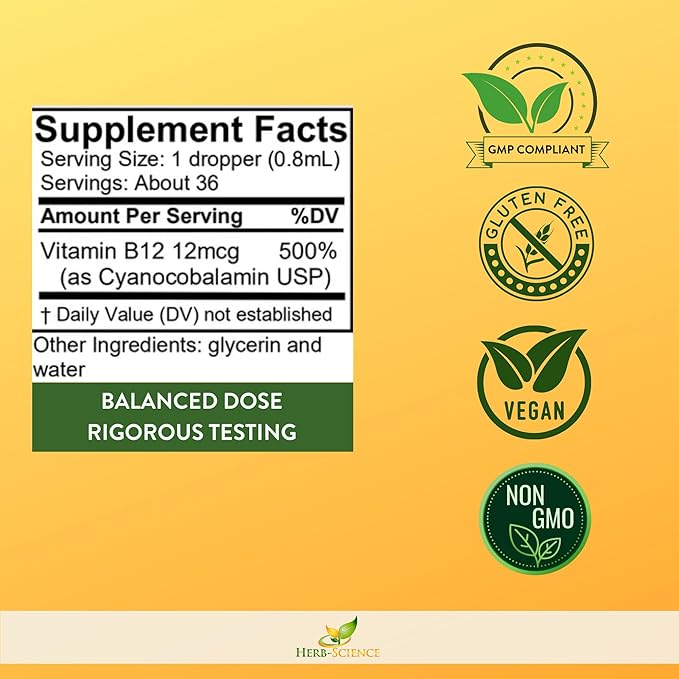 Liquid Vitamin B12 – Cold-Pressed, High Absorption, Vegan, Alcohol-Free, Sublingual B12 Drops, Cyanocobalamin, No Artificial Flavors, Blue Cobalt Glass Bottle for Maximum Freshness - 1 oz