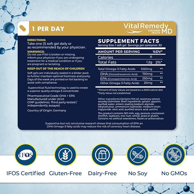 VitalOils1000 - Omega-3 Fish Oil 1200mg(750 DHA+450 EPA). IFOS 5-Star. Non-GMO & Gluten-Free. No Fishy Aftertaste. High Absorption, Brain, Heart, Prenatal Support, 30 Blister-Sealed Caps, Made in USA