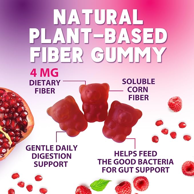 Fiber Supplement Gummies - Sugar-Free Daily Gummy for Adults Digestive Health & Regularity Support - 4g Prebiotic Plant Based Fiber Supplements Blend for Women & Men - Raspberry Flavor - 60 Gummies