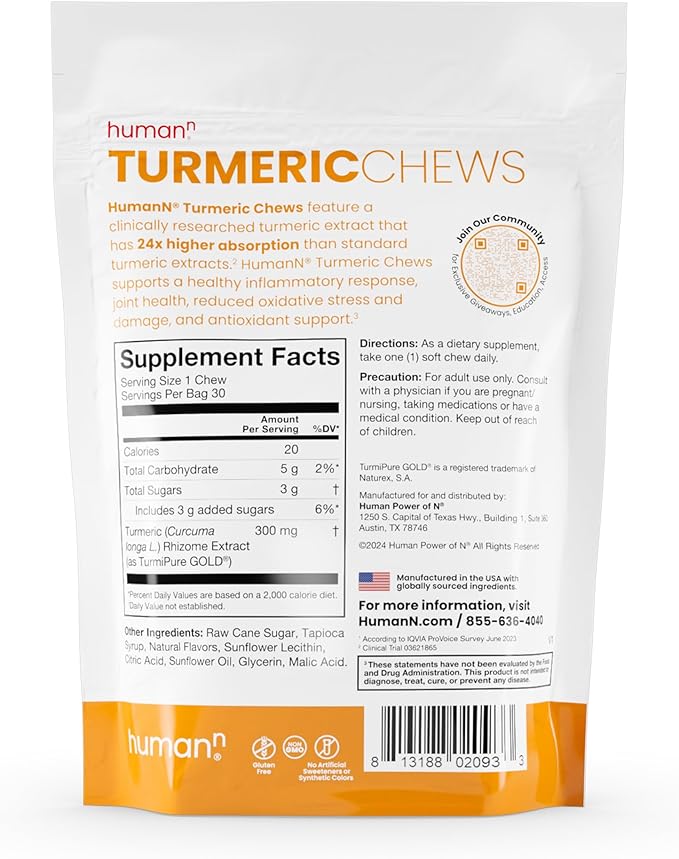 HumanN Turmeric Chews Supplement – Clinically Studied High Absorption Curcumin Complex - Orange Citrus Flavor – from SuperBeets Makers – Joint Health – 30 Count