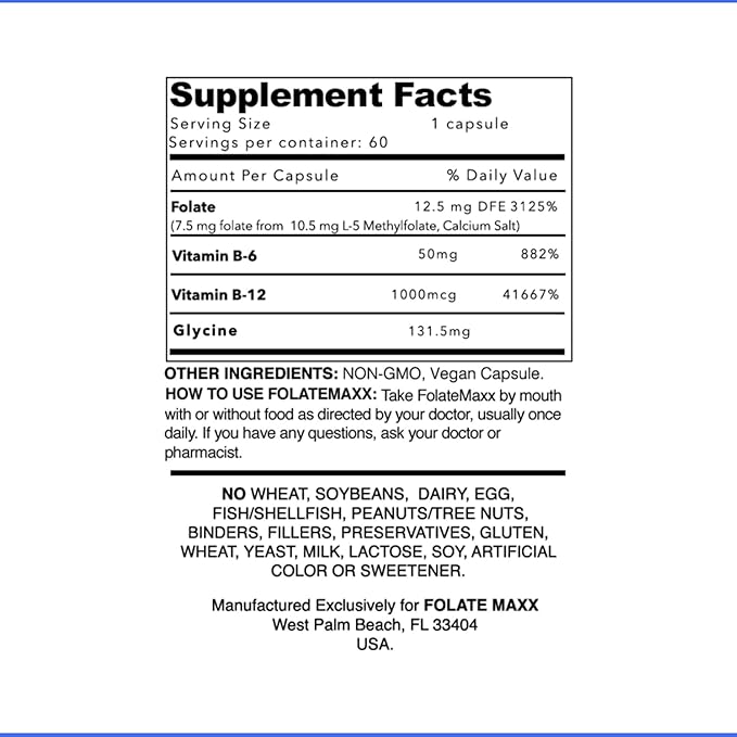 FolateMaxx L-Methylfolate + B12 Methylcobalamin & B6 Blend (7.5mg) - 60 Capsules - Active B-Complex with Cofactors & Essential Amino Acids - Non GMO, Gluten Free, No Fillers