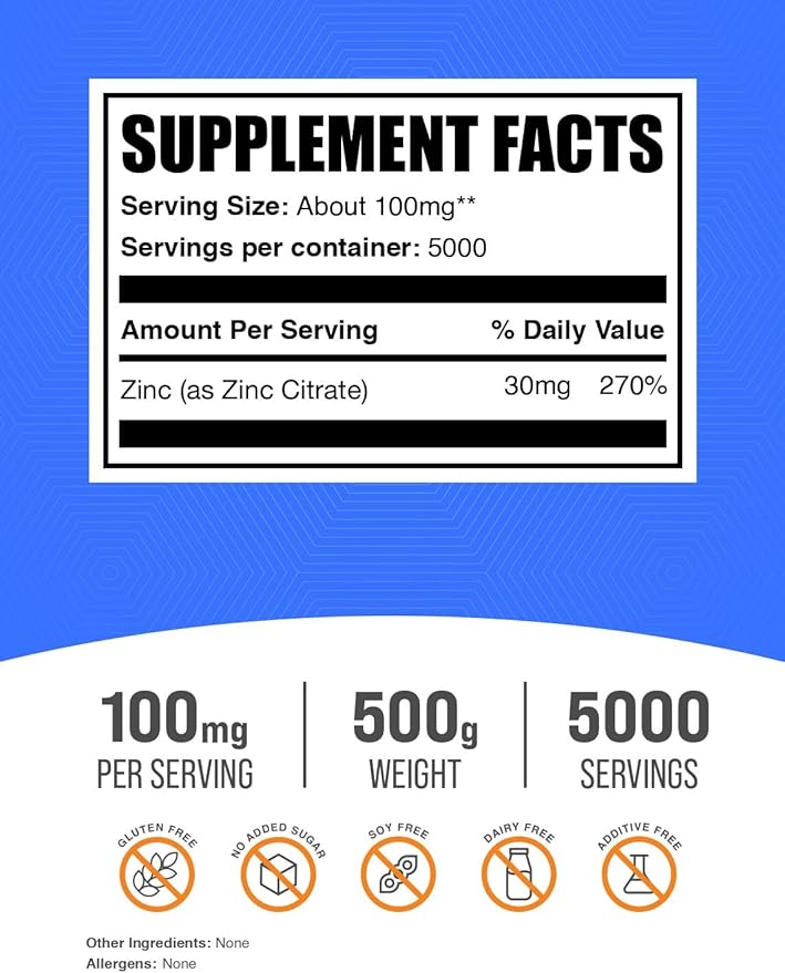 BulkSupplements.com Zinc Citrate Powder - Mineral Supplement, Zinc 30mg - for Immune Support - Gluten Free, 100mg per Serving, 500g (1.1 lbs) (Pack of 1)