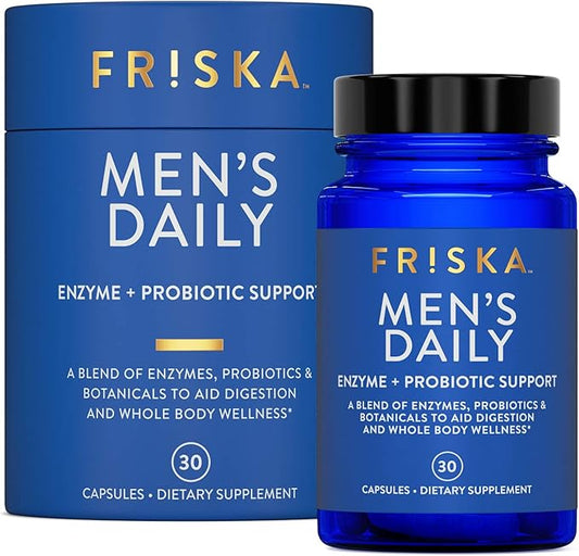 FRISKA Men’s Daily Digestive Enzyme and Probiotics Supplement, Natural Support for Male Digestive Health, Bloating, Gas, Indigestion Relief, Supports Gut Health, Lactase and B-Vitamins, 30 Capsules