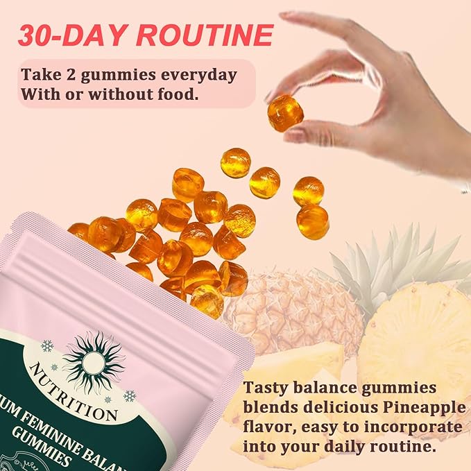 Premium Feminine Balance Gummies - Pineapple Gummies for Women’s Health & Wellness PH Balance Support Vegan Feminine Gummies - 60 Gummies - 30 Servings