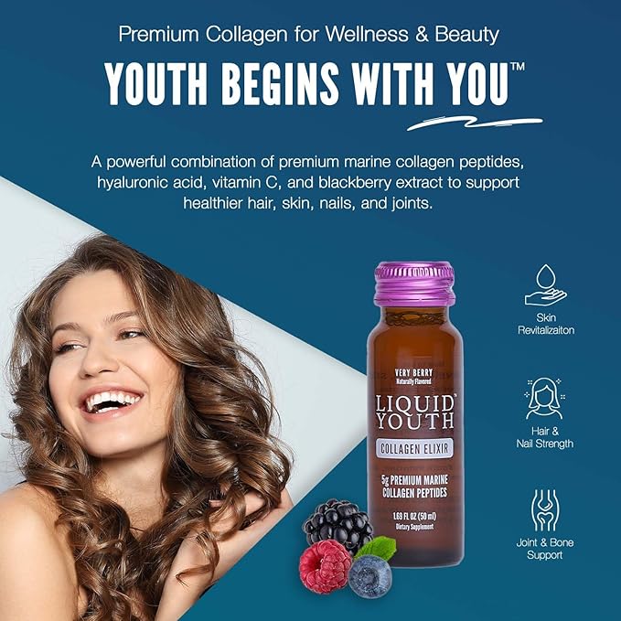 Liquid Collagen Elixir Shot for Women & Men - Premium Liquid Marine Collagen for Hair Growth, Skin, Nail, Bone & Joint Health - Travel-Friendly (Very Berry, 10 Servings Per Box)