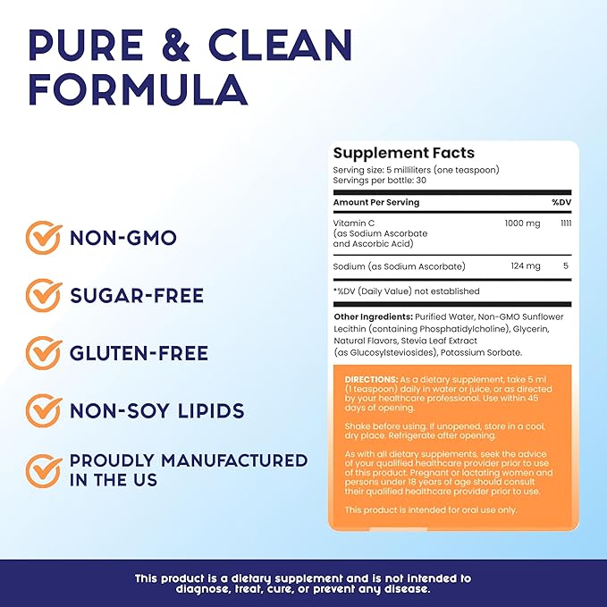 Liquid Liposomal Vitamin C 1000mg (5 Fl. Oz. 150ml) 30 Servings - Sugar-Free, Non-GMO, Gluten-Free Dietary Supplement - High Potency and Enhanced Absorption