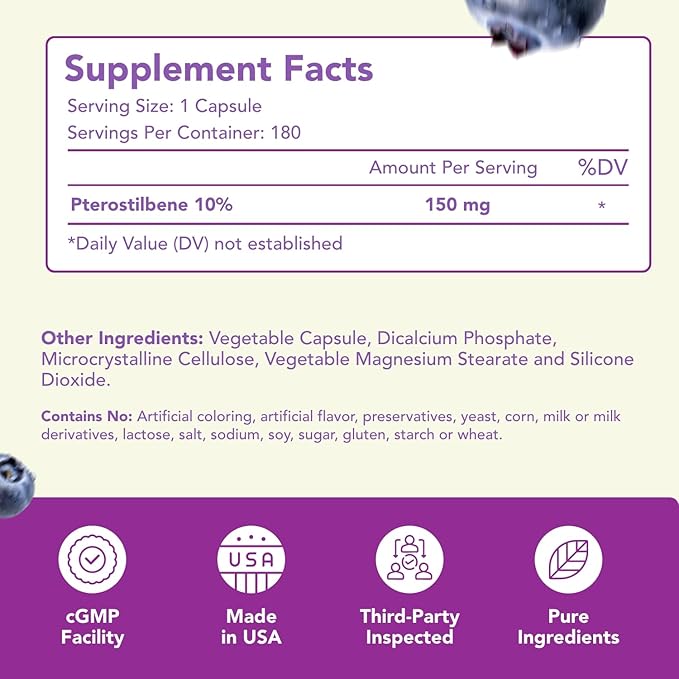 150mg Pterostilbene Supplement - Once Daily Antioxidant Supplement for Healthy Aging Immune Heart Skin and Brain Support - Naturally Derived Non-GMO & Made in The USA (180 Servings)