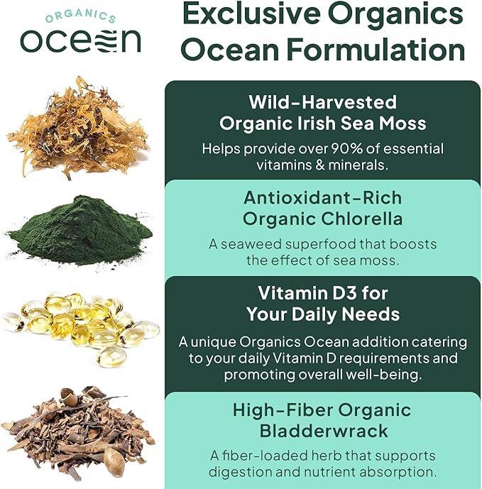 Wild Sea Moss Capsules - 100% Organic Irish Sea Moss with Organic Chlorella, Bladderwrack and Vitamin D for Energy, Lung Health and Thyroid Support for Women and Men - 60 Capsules
